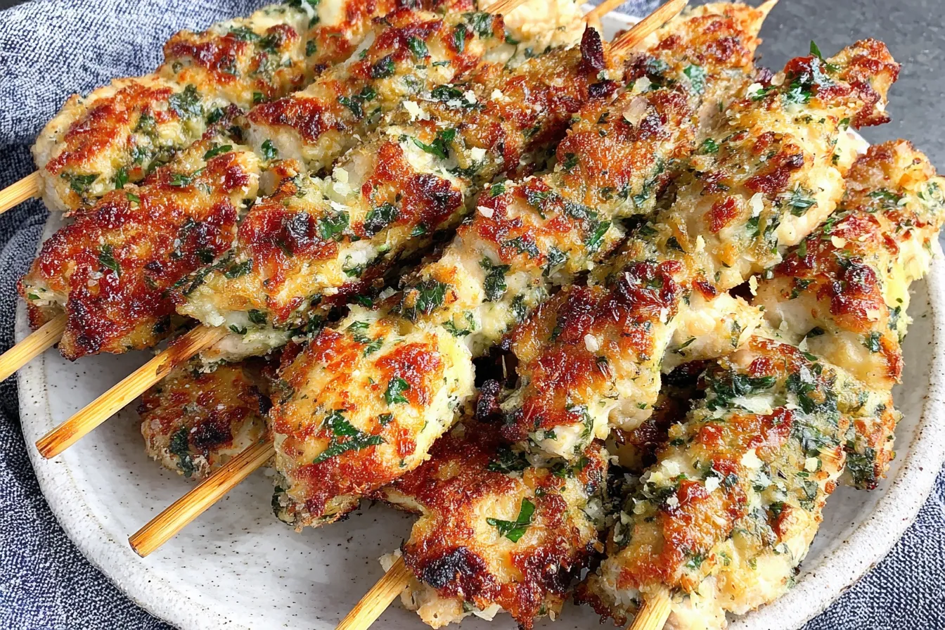 Garlic Parmesan Chicken Skewers served on a plate with crispy edges, garlic butter sauce, parmesan cheese, and parsley