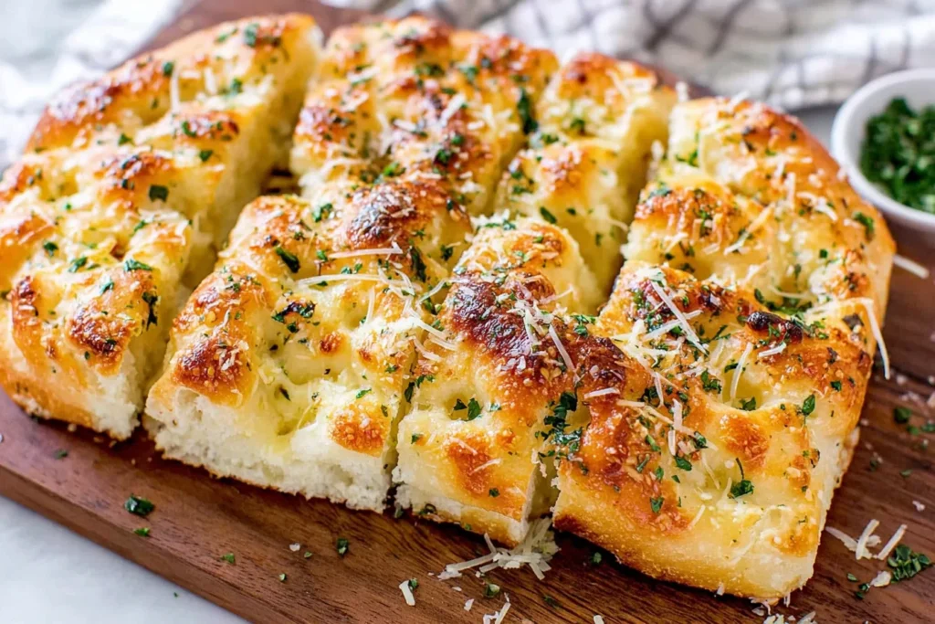 Garlic Parmesan Focaccia Bread cut into squares with crispy edges