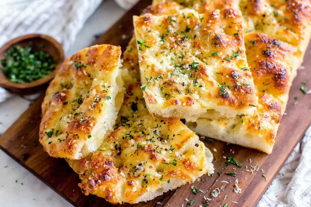 Garlic Parmesan Focaccia Bread sliced showing soft fluffy interior