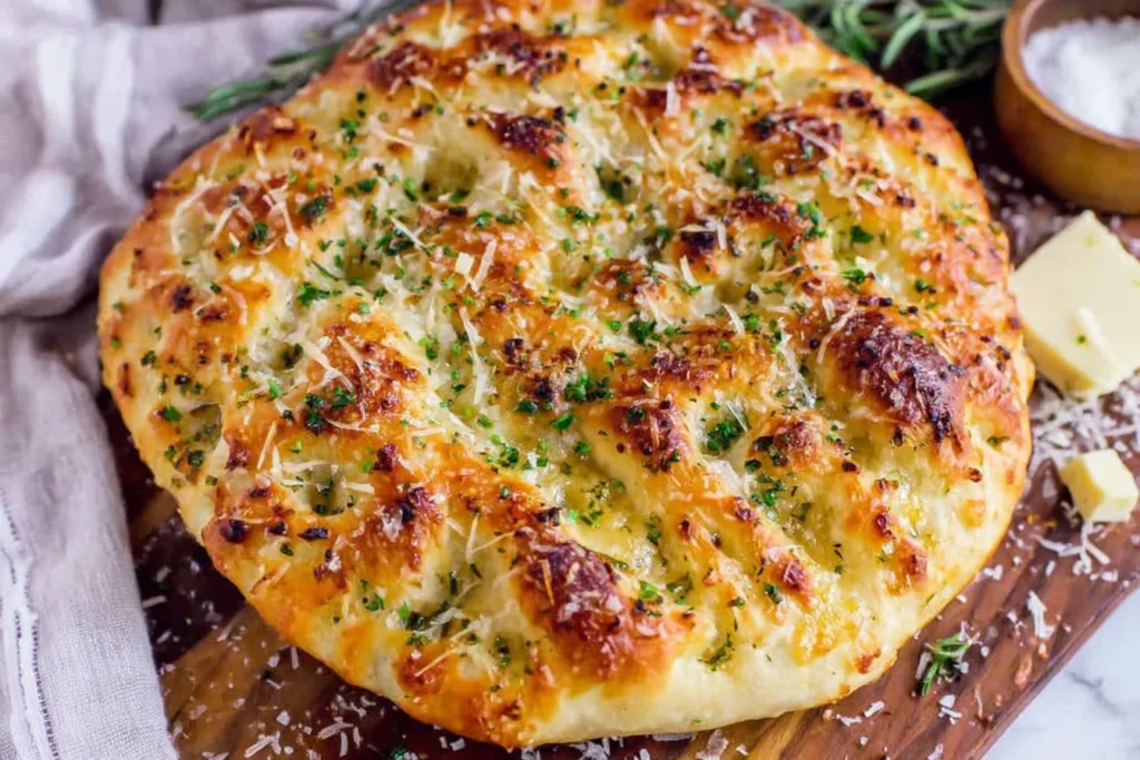 Garlic Parmesan Focaccia Bread golden crispy top with herbs and cheese