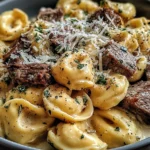 Garlic Steak Tortellini topped with parmesan cheese and herbs in creamy sauce
