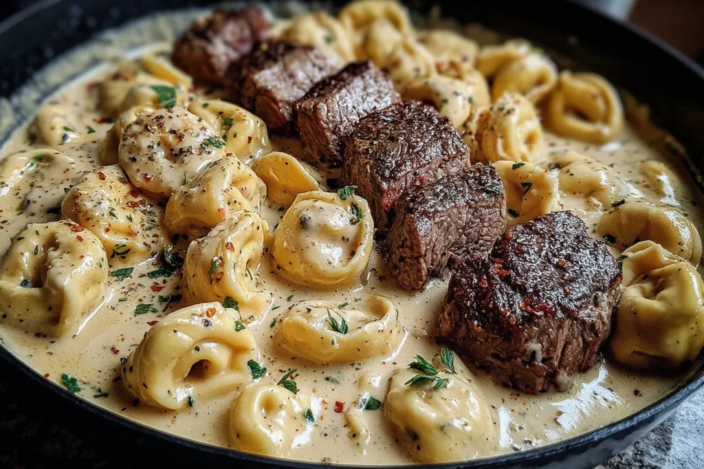 Garlic Steak Tortellini in creamy garlic parmesan sauce with seared steak bites