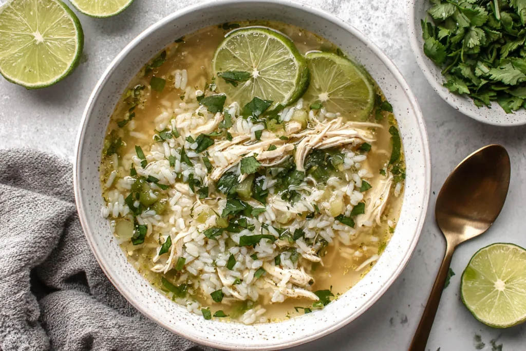 Ginger Lime Chicken and Rice Soup topped with fresh cilantro and lime slices in a white bowl