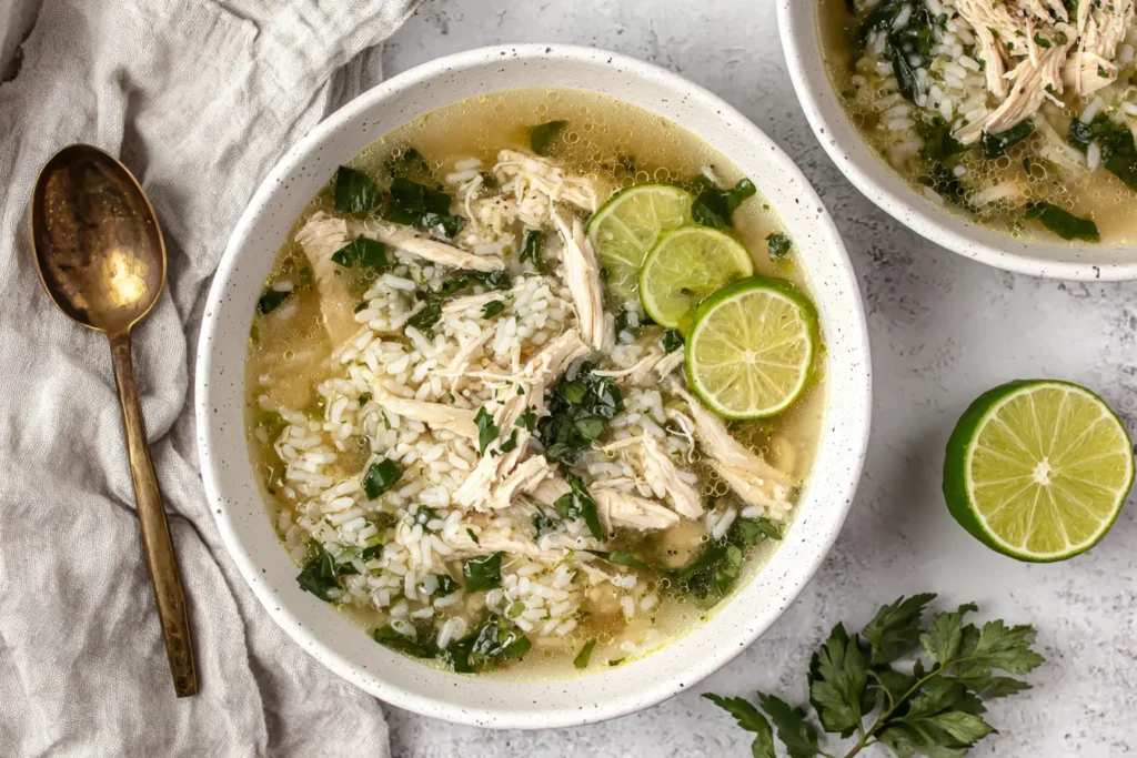 Healthy Ginger Lime Chicken and Rice Soup served with cilantro and lime wedges