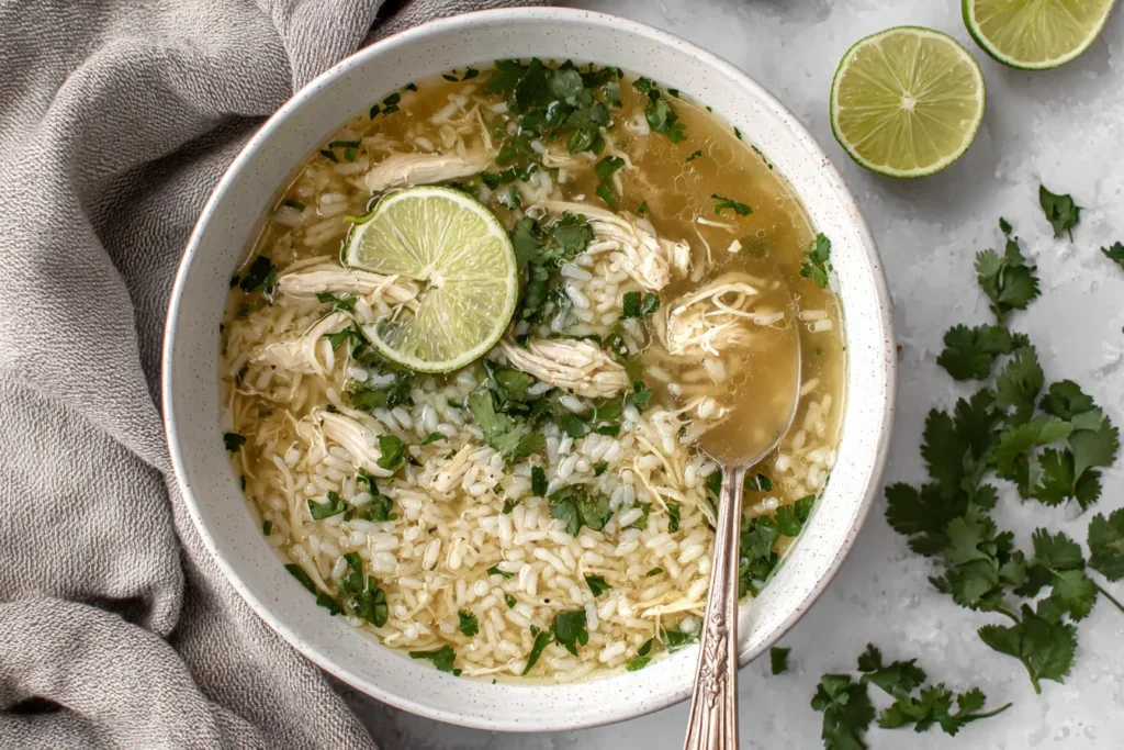 Homemade Ginger Lime Chicken and Rice Soup with shredded chicken and fresh herbs