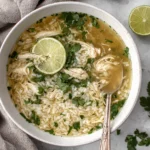 Homemade Ginger Lime Chicken and Rice Soup with shredded chicken and fresh herbs