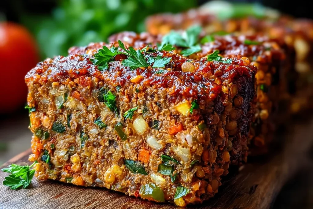 Amazing Lentil Meatloaf slice with glossy ketchup glaze, visible lentils, diced veggies, and fresh parsley on top.