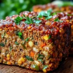 Amazing Lentil Meatloaf slice with glossy ketchup glaze, visible lentils, diced veggies, and fresh parsley on top.