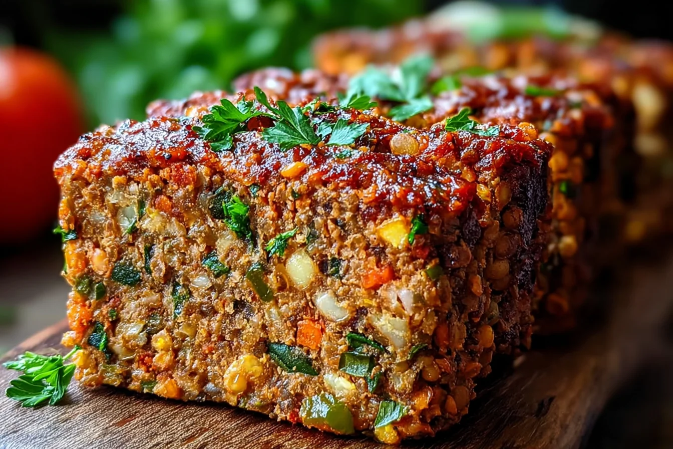 Amazing Lentil Meatloaf slice with glossy ketchup glaze, visible lentils, diced veggies, and fresh parsley on top.