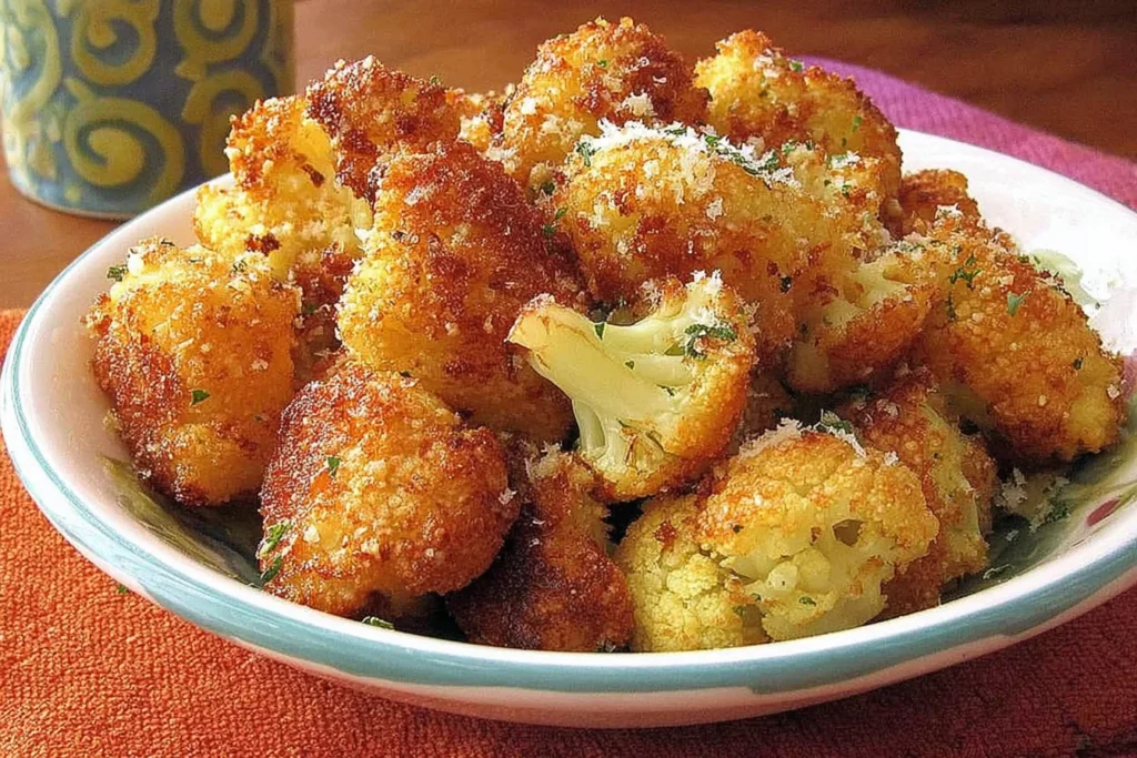 Golden crispy Parmesan Cauliflower Bites with cheesy crust and roasted edges served in a bowl