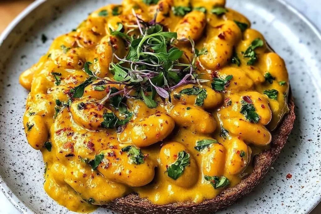 Creamy Curried Butter Beans in coconut curry sauce served on toasted sourdough, topped with fresh herbs and chili flakes.