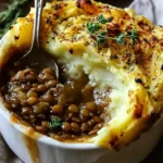French Onion Shepherd's Pie with Lentils & Cauliflower Potato Mash in a ramekin, showing rich lentil-onion filling under golden mashed topping with thyme.