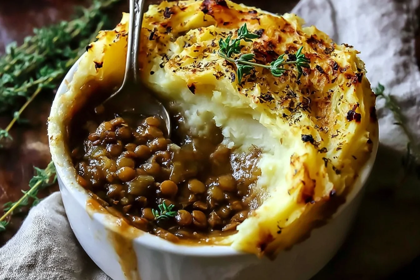 French Onion Shepherd's Pie with Lentils & Cauliflower Potato Mash in a ramekin, showing rich lentil-onion filling under golden mashed topping with thyme.
