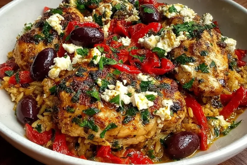 Greek Chicken Casserole with golden-browned chicken, orzo, roasted red peppers, kalamata olives, and crumbled feta