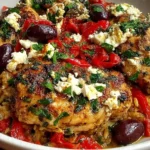Greek Chicken Casserole with golden-browned chicken, orzo, roasted red peppers, kalamata olives, and crumbled feta