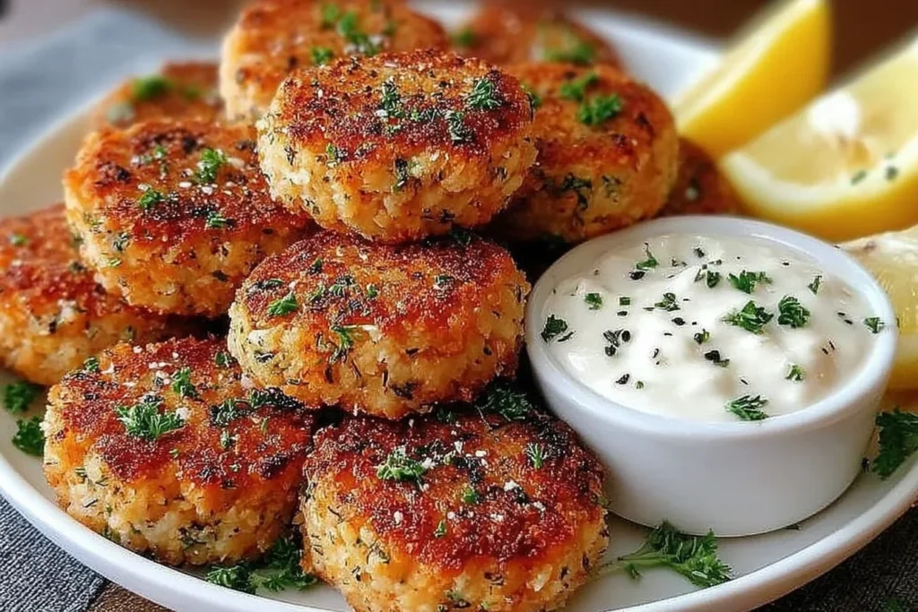 Mediterranean Lemon Chickpea Patties stacked golden and crispy with yogurt dipping sauce and fresh herbs