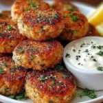 Mediterranean Lemon Chickpea Patties stacked golden and crispy with yogurt dipping sauce and fresh herbs