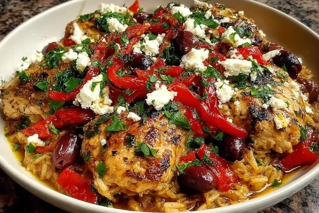 Greek Chicken Casserole with roasted red peppers, kalamata olives, feta cheese, and herbs in a rustic bowl