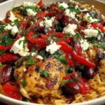 Greek Chicken Casserole with roasted red peppers, kalamata olives, feta cheese, and herbs in a rustic bowl