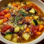 Greek Healing Soup with quinoa, fresh vegetables, and herbs in a warm comforting bowl