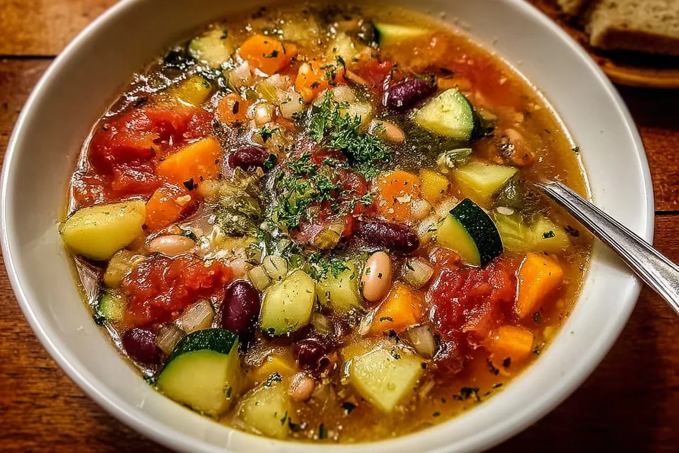 Greek Healing Soup with quinoa, fresh vegetables, and herbs in a warm comforting bowl
