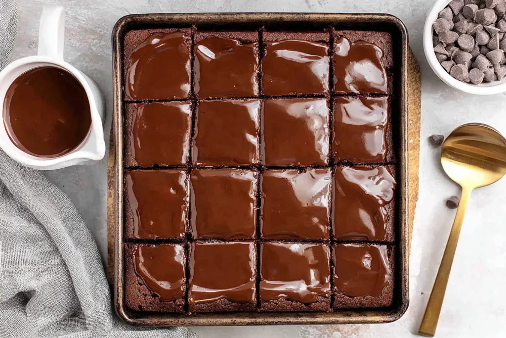 Pan of 16 Greek Yogurt Brownies topped with shiny chocolate ganache