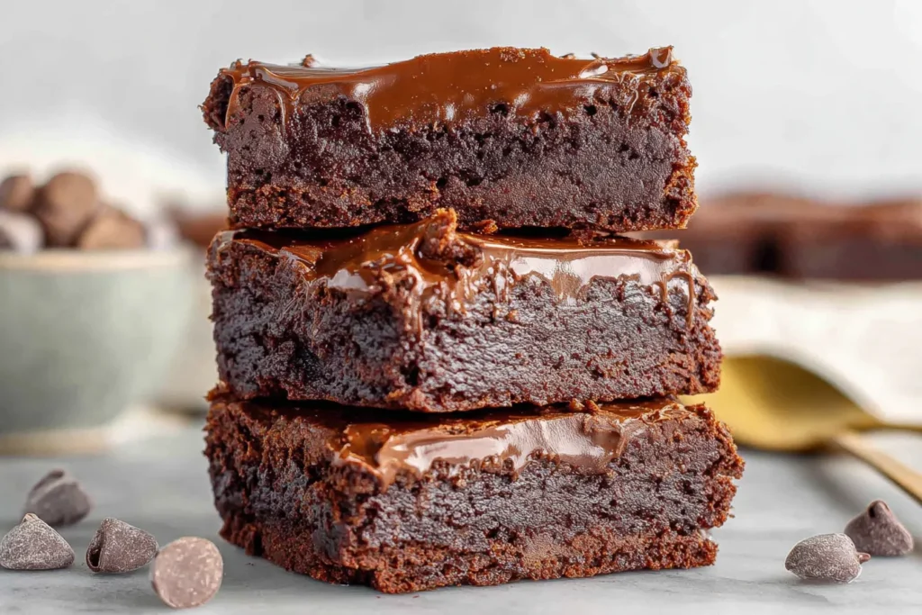 Close-up of Greek Yogurt Brownies showing fudgy center and smooth chocolate topping
