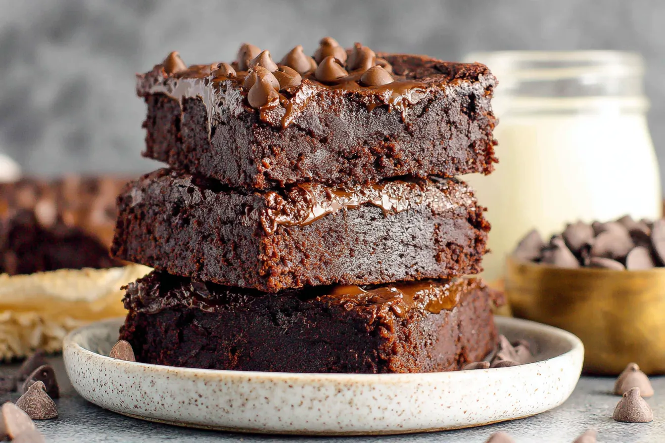 Stacked Greek Yogurt Brownies with chocolate chips and glossy ganache on a plate