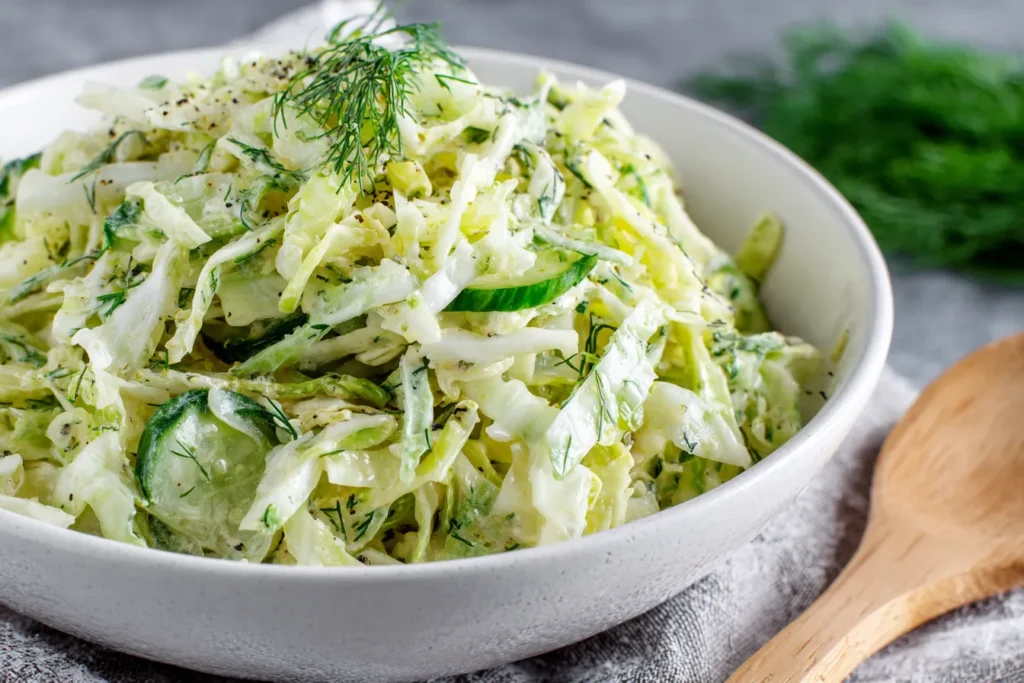 Creamy Green Cabbage Cucumber Salad topped with dill and black pepper
