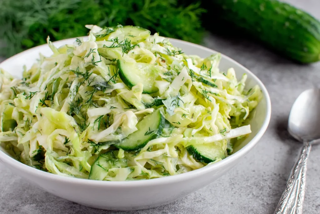 Green Cabbage Cucumber Salad with fresh dill and sliced cucumbers in a white bowl
