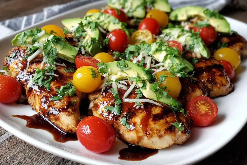 Grilled California Avocado Chicken Recipe with juicy grilled chicken breasts topped with fresh avocado slices, cherry tomatoes, herbs, and balsamic glaze