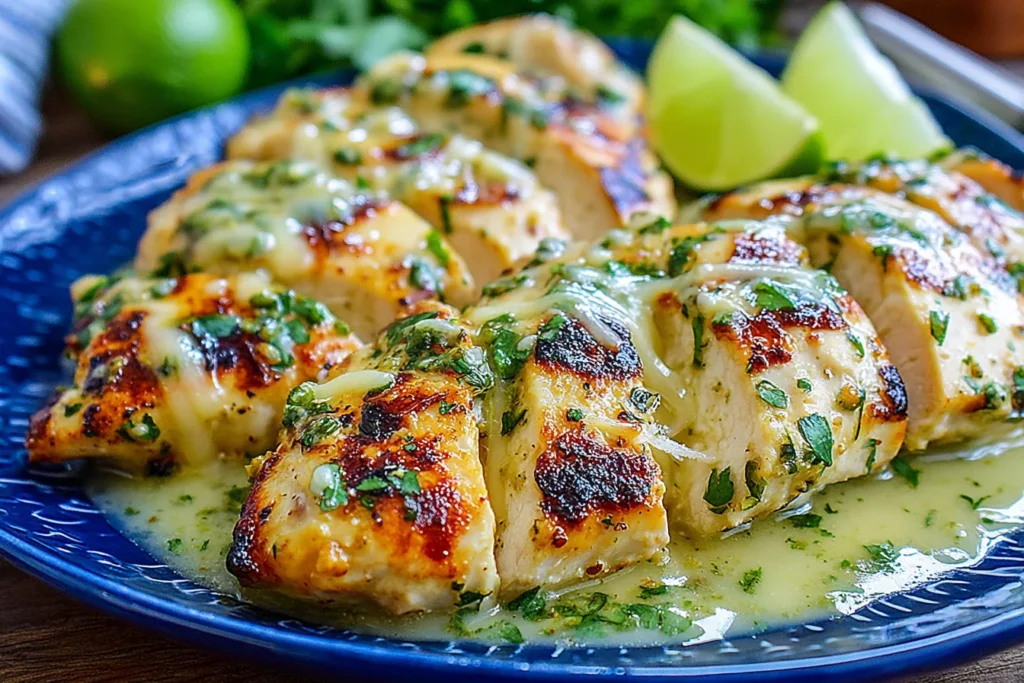 Grilled Salsa Verde Pepper Jack Chicken sliced with melted cheese and fresh cilantro on a plate