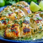 Grilled Salsa Verde Pepper Jack Chicken sliced with melted cheese and fresh cilantro on a plate