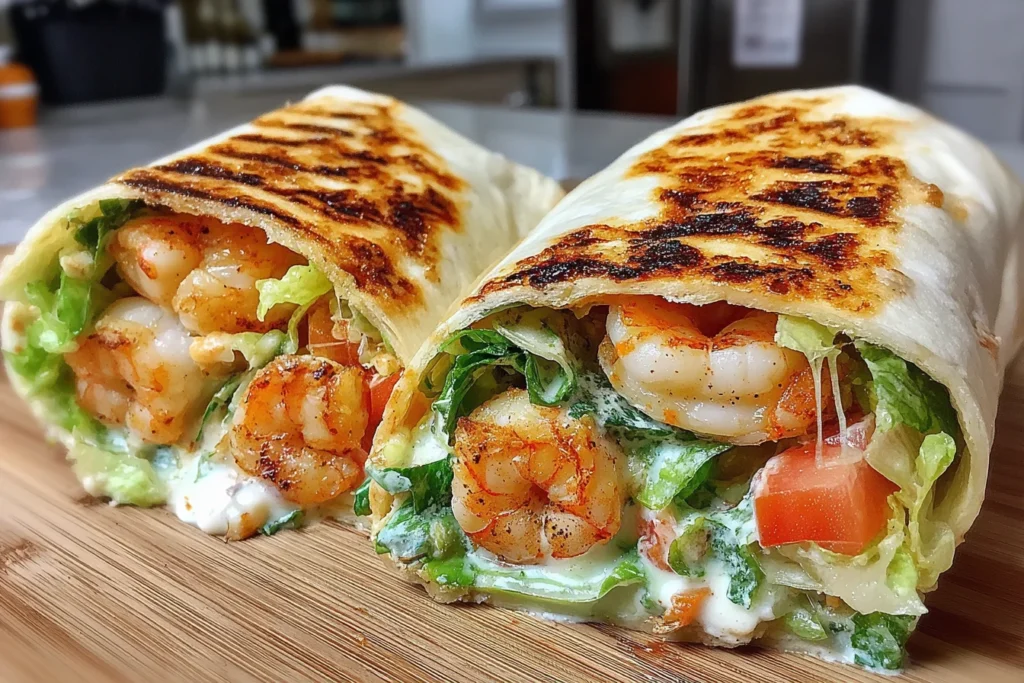 Grilled Shrimp Caesar Wraps on wooden board with grilled tortilla and fresh filling