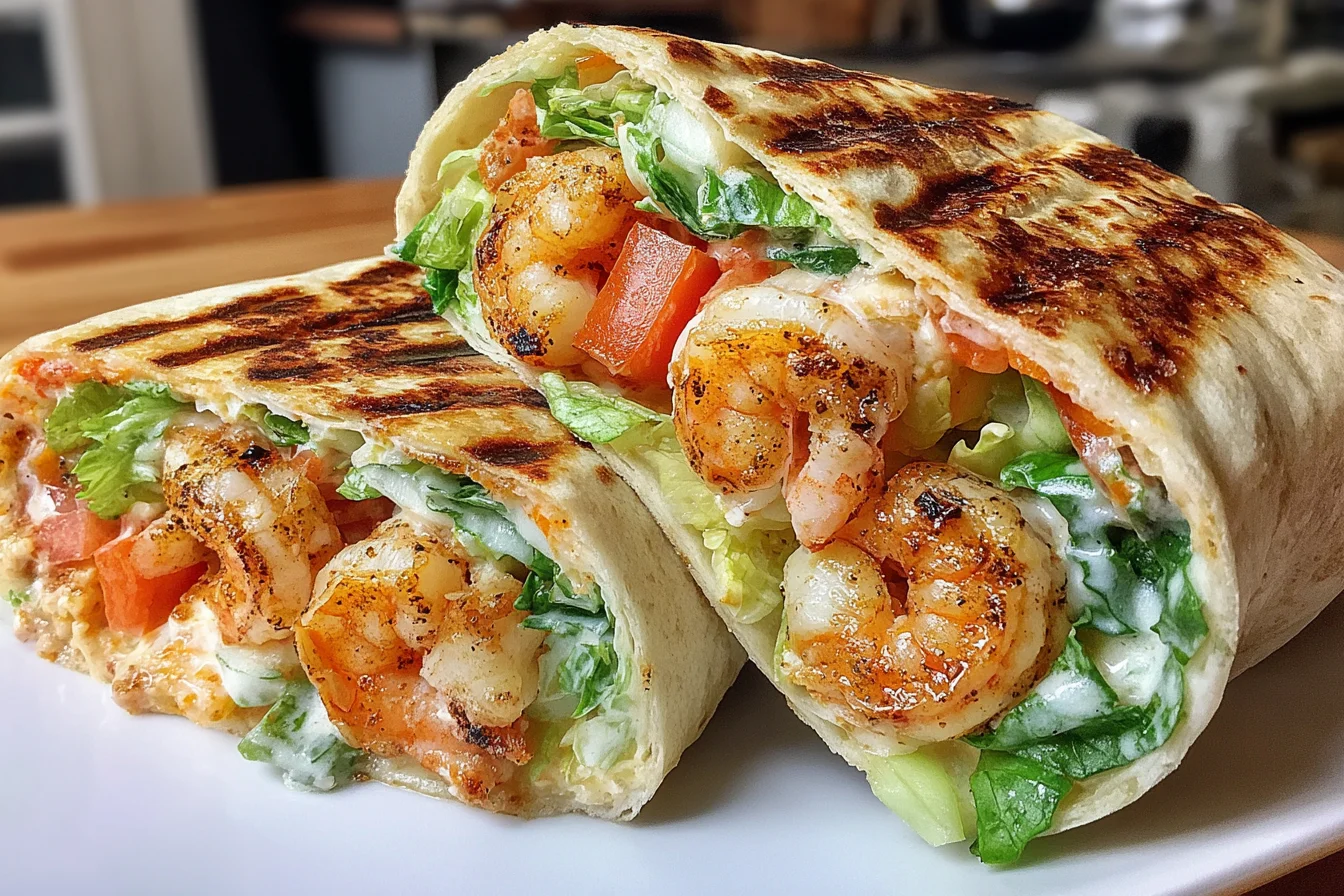 Grilled Shrimp Caesar Wraps with crispy shrimp, romaine lettuce, and creamy dressing in a toasted tortilla