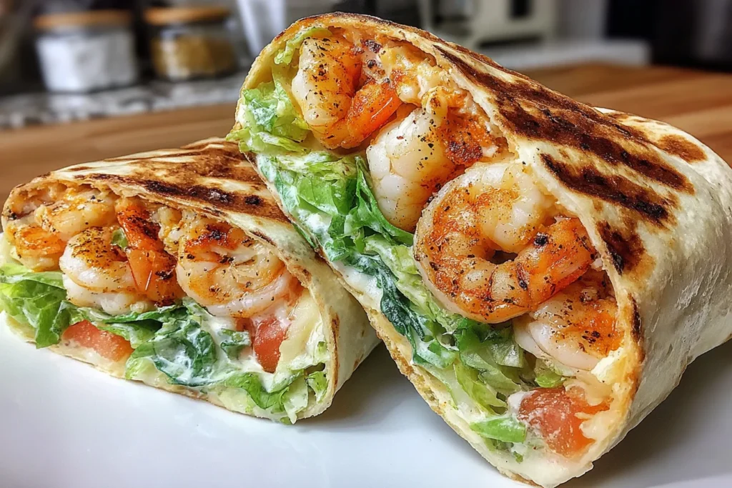 Grilled Shrimp Caesar Wraps sliced in half showing juicy shrimp and creamy Caesar filling
