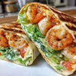 Grilled Shrimp Caesar Wraps sliced in half showing juicy shrimp and creamy Caesar filling