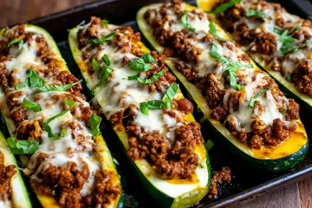 Ground Beef Zucchini Boats topped with melted mozzarella and fresh herbs on a baking tray