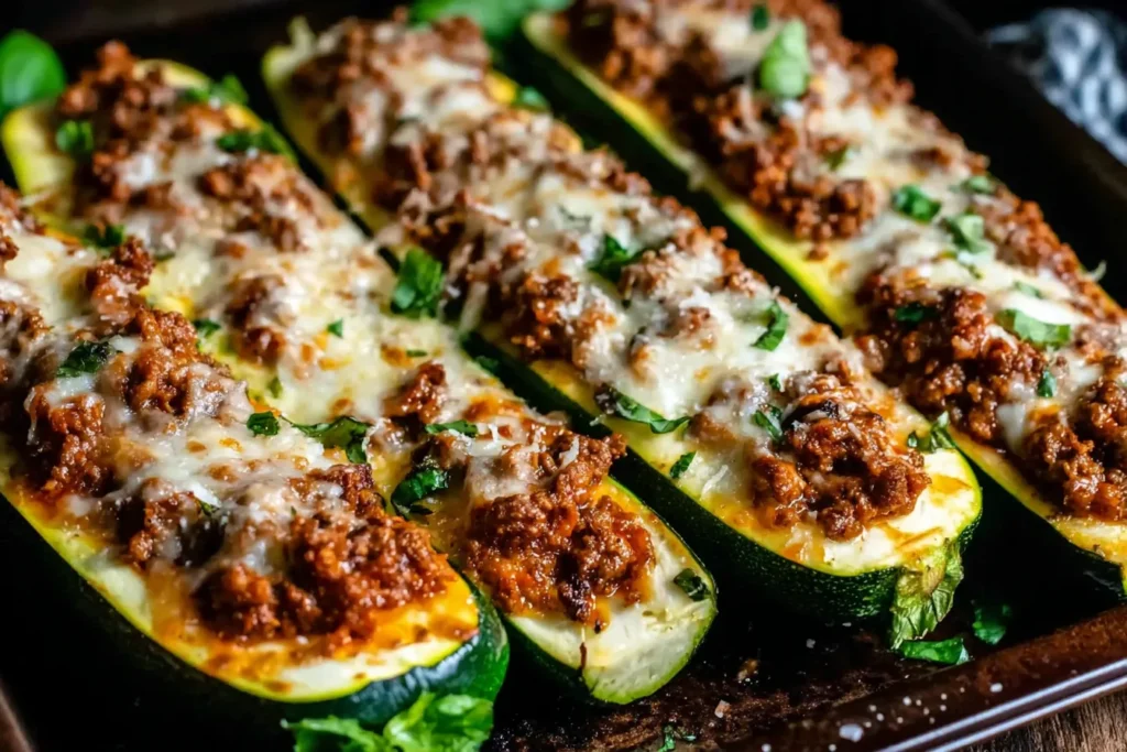 Ground Beef Zucchini Boats baked with seasoned ground beef, tomato sauce, and melted cheese on roasted zucchini halves
