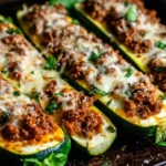 Ground Beef Zucchini Boats baked with seasoned ground beef, tomato sauce, and melted cheese on roasted zucchini halves