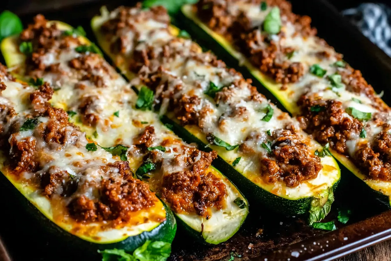 Ground Beef Zucchini Boats baked with seasoned ground beef, tomato sauce, and melted cheese on roasted zucchini halves