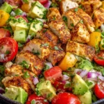Healthy Avocado Chicken Salad Recipe with seasoned chicken pieces, avocado cubes, tomatoes, and crunchy vegetables