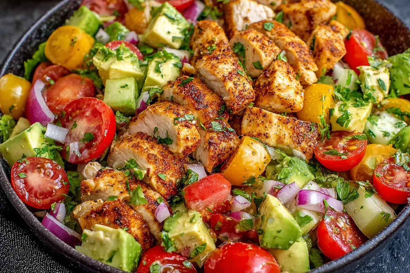 Healthy Avocado Chicken Salad Recipe with seasoned chicken pieces, avocado cubes, tomatoes, and crunchy vegetables