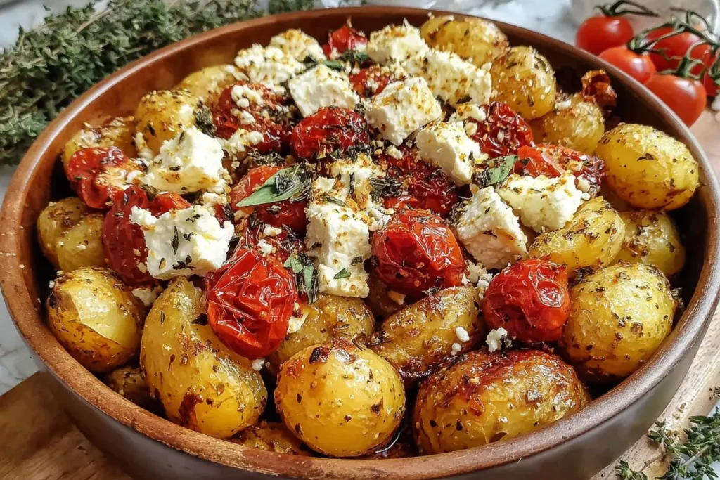 Healthy Baked Feta Potatoes with roasted tomatoes and Mediterranean herbs