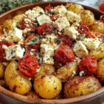 Healthy Baked Feta Potatoes with roasted tomatoes and Mediterranean herbs