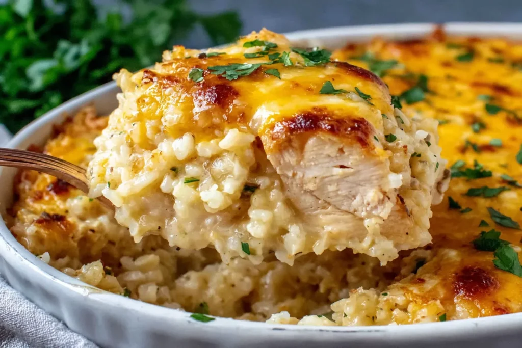 Healthy Chicken Cauliflower Rice Casserole being scooped from a baking dish with creamy chicken and cauliflower rice
