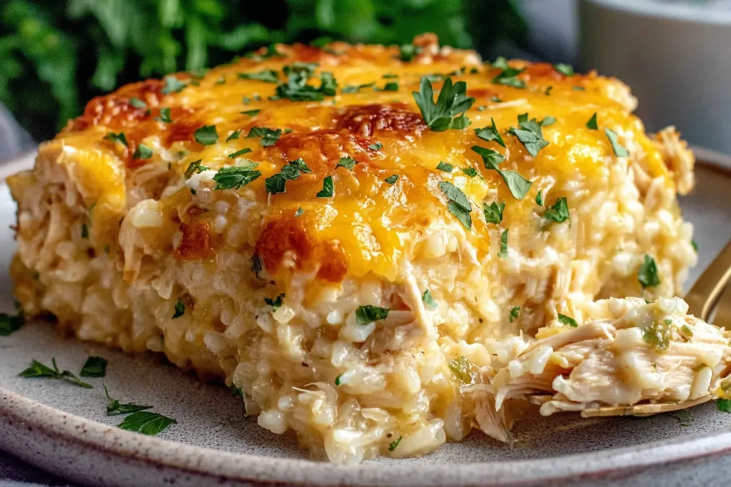 Healthy Chicken Cauliflower Rice Casserole served on a plate with melted cheddar cheese and fresh parsley