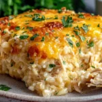 Healthy Chicken Cauliflower Rice Casserole served on a plate with melted cheddar cheese and fresh parsley