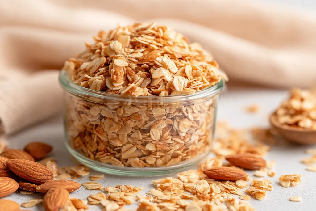 Healthy Homemade Granola Recipe stored in a glass container with toasted oats and sliced almonds