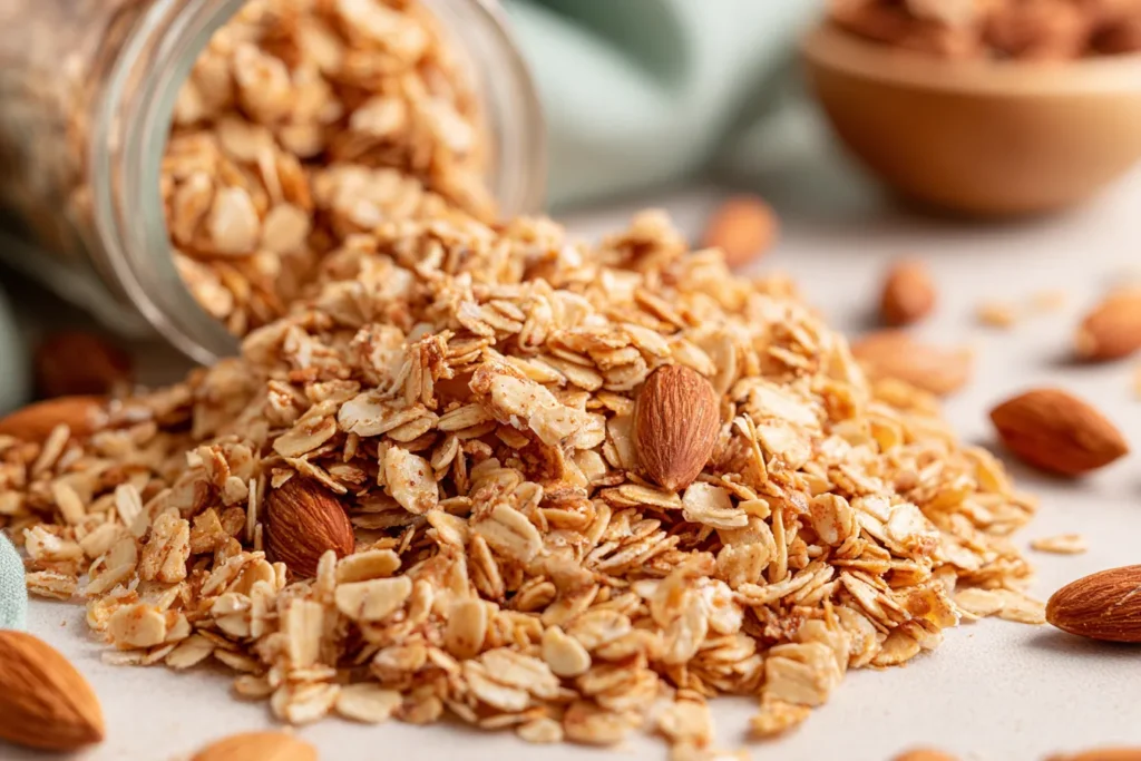 Healthy Homemade Granola Recipe with crunchy oat clusters and almonds spilling from a glass jar